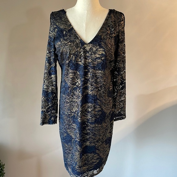 Marina cocktail stretch lace foil dress STATEMENT sheer BACK sheath navy gold L - Picture 5 of 16